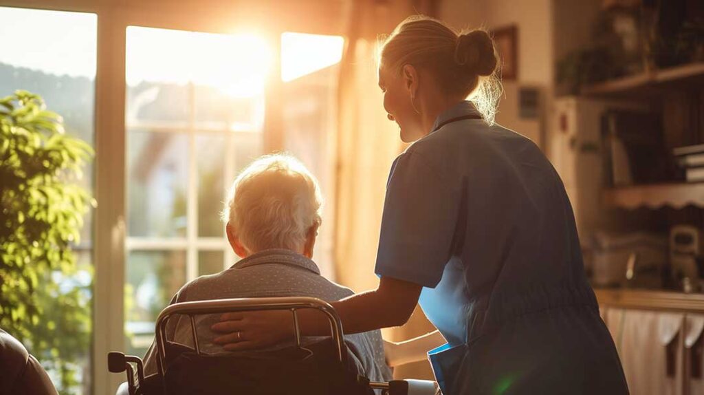 Family members review an assisted living comparison checklist at a table during a community tour.