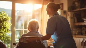 Family members review an assisted living comparison checklist at a table during a community tour.